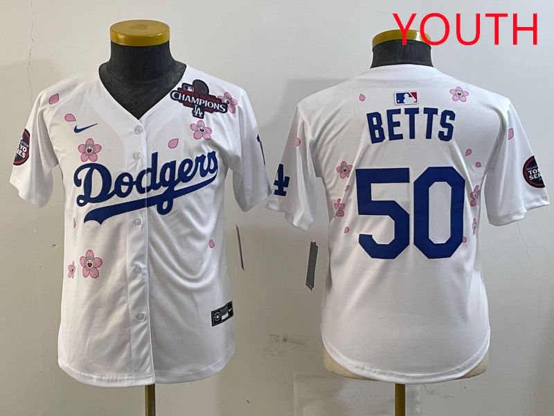 Youth Los Angeles Dodgers #50 Betts White Sakura Edition 2025 Nike MLB Jersey style 2->youth mlb jersey->Youth Jersey